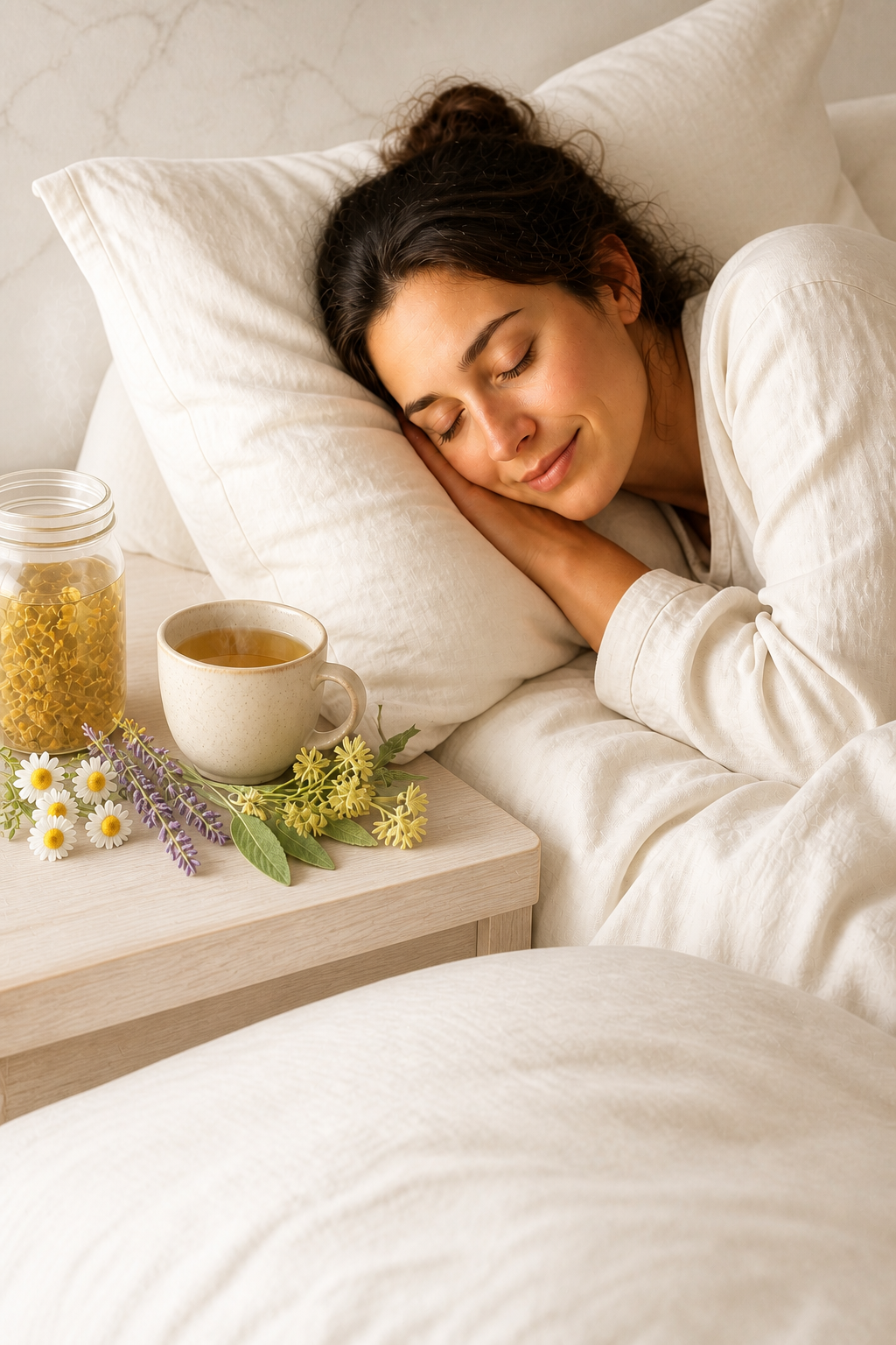 Mujer descansando en la cama junto a una taza de infusión relajante de manzanilla y lavanda